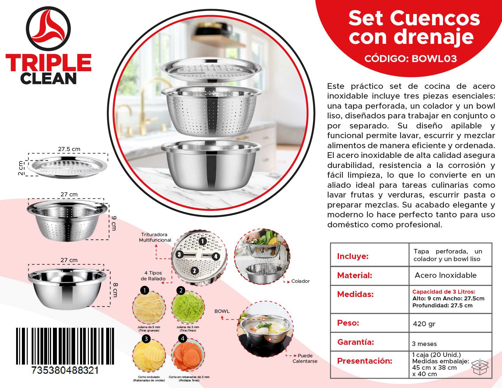 Set Bowl con Colador y Rayador